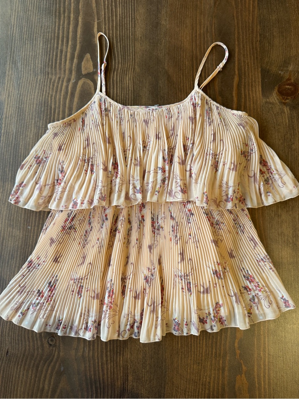 LC Lauren Conrad Cream Floral Pleated Ruffle Tank